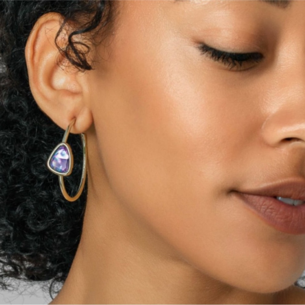 Elegant Gold Hoop Earrings With Purple, Turquoise, Pink Abalone Stone